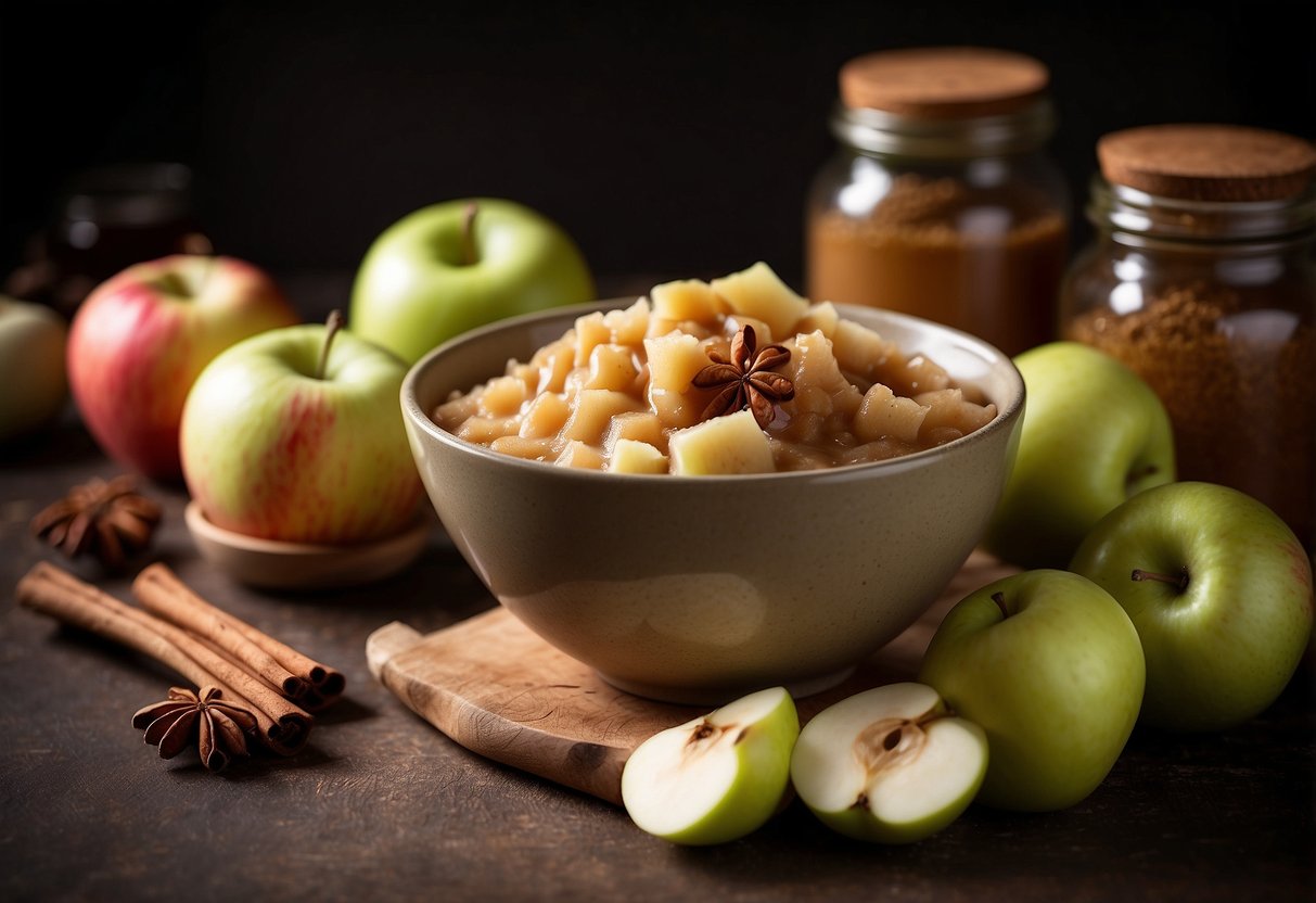 A bowl of baked applesauce with cinnamon, steaming and fragrant, surrounded by fresh apples and a jar of vegan ingredients