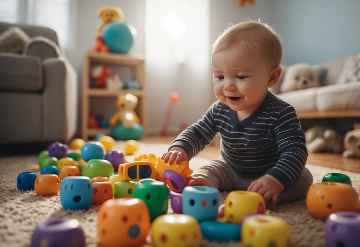 Infants surrounded by colorful toys and engaging in sensory play, listening to soothing music, and interacting with caregivers in a nurturing environment