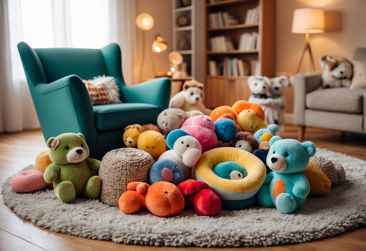 A colorful collection of interactive toys and books arranged in a circle on a soft, plush rug, with a cozy armchair nearby