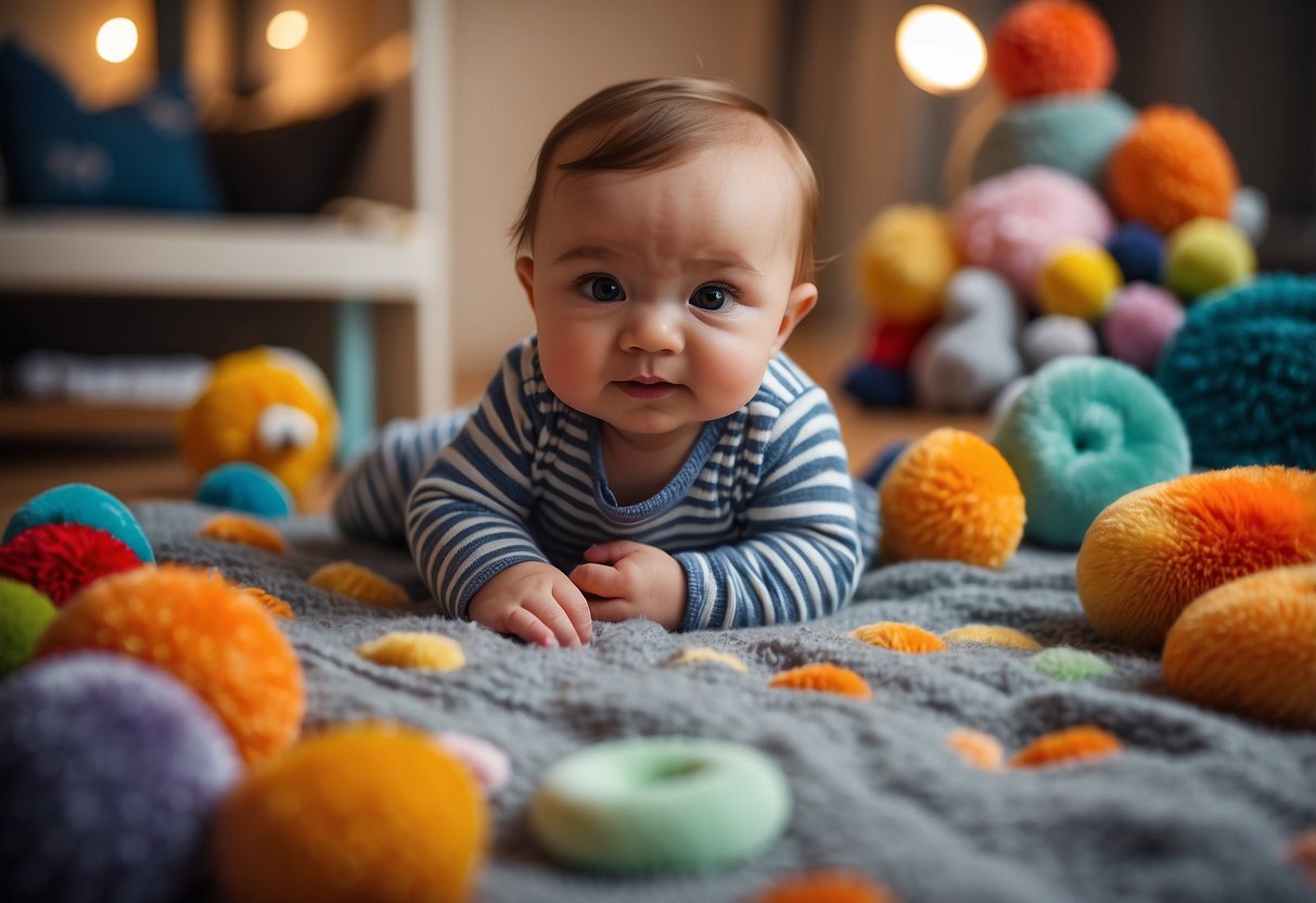 Infant surrounded by colorful toys and soft blankets, engaging in tummy time on a playmat with various textures and shapes