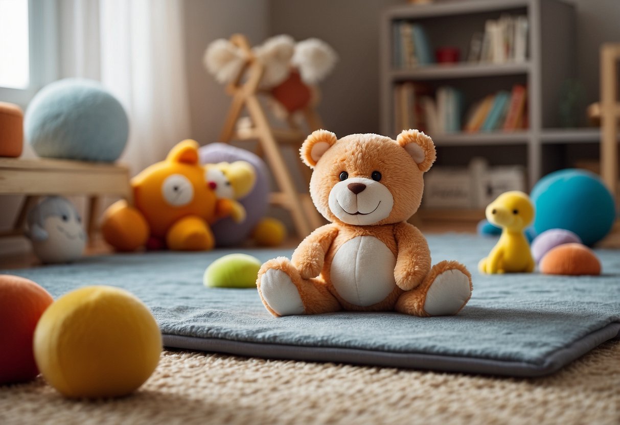 Colorful musical toys scattered on a soft mat, surrounded by books and a plush rug. A baby's play area with interactive activities for brain development