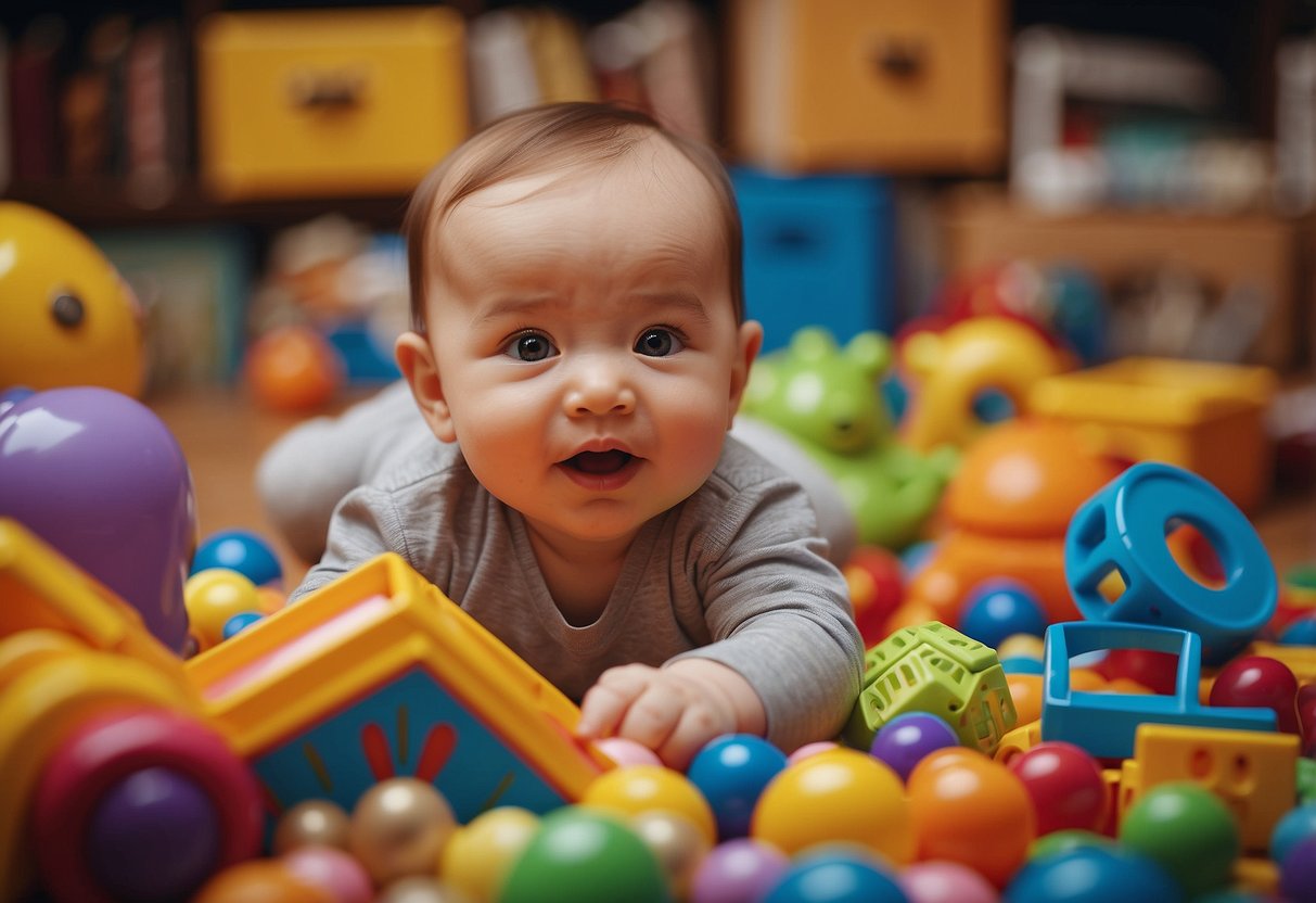 A baby surrounded by colorful toys, books, and interactive activities, stimulating their brain development