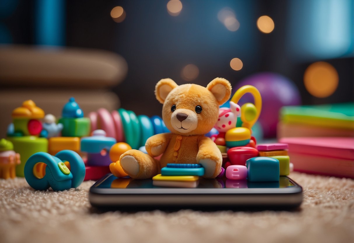 Infant toys scattered on a soft rug, surrounded by colorful books and sensory objects. A mobile hangs above, gently swaying, as soft music plays in the background