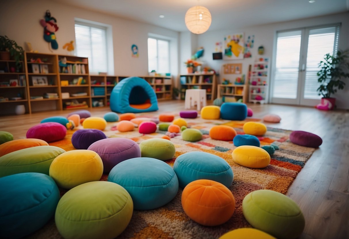 A colorful playroom with various interactive toys and sensory materials arranged on the floor, surrounded by soft cushions and mats for safe exploration