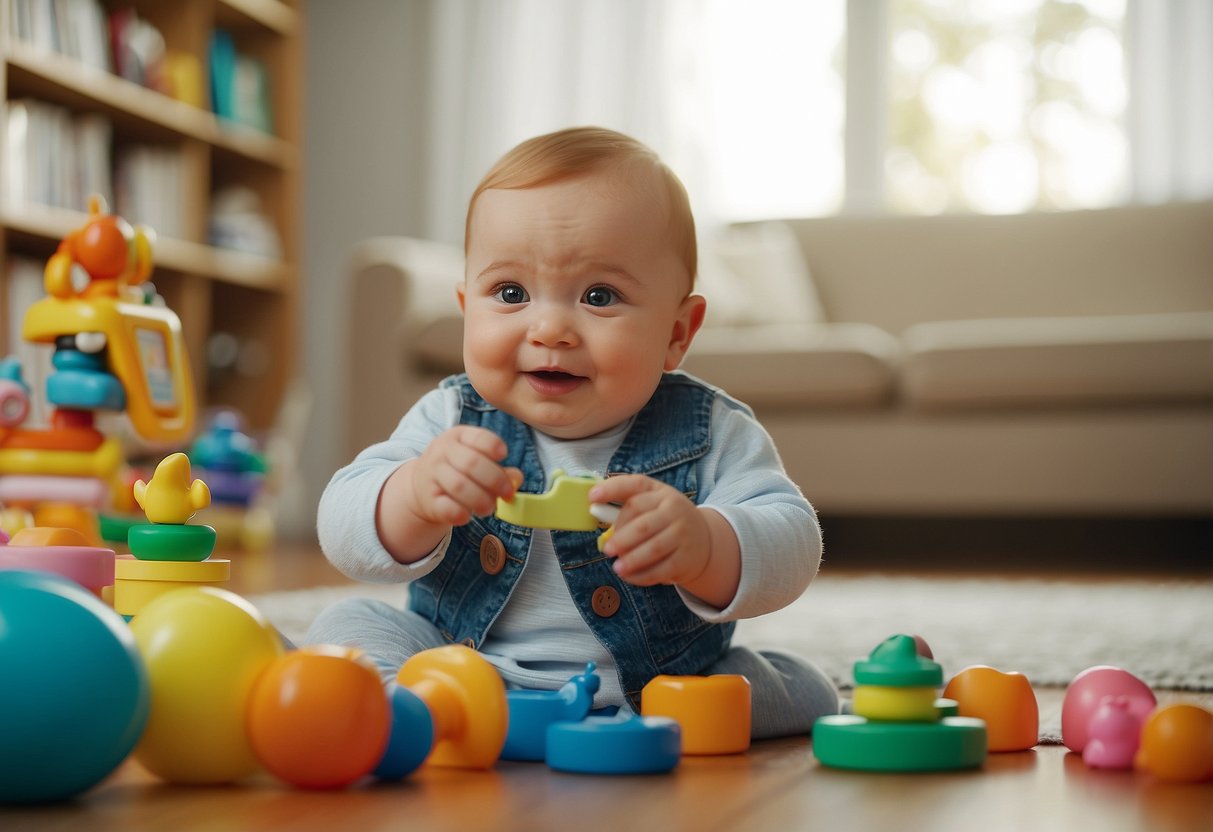 A baby surrounded by colorful toys and books, with a caregiver engaging in playful conversation and using repetitive words and gestures