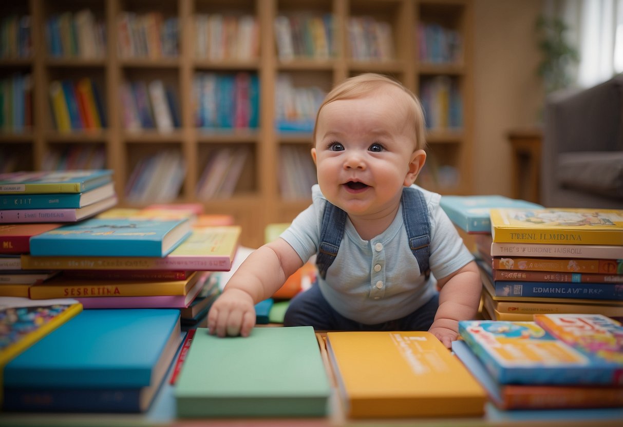 A baby sits surrounded by colorful picture books, pointing and babbling excitedly as a caregiver encourages their first words