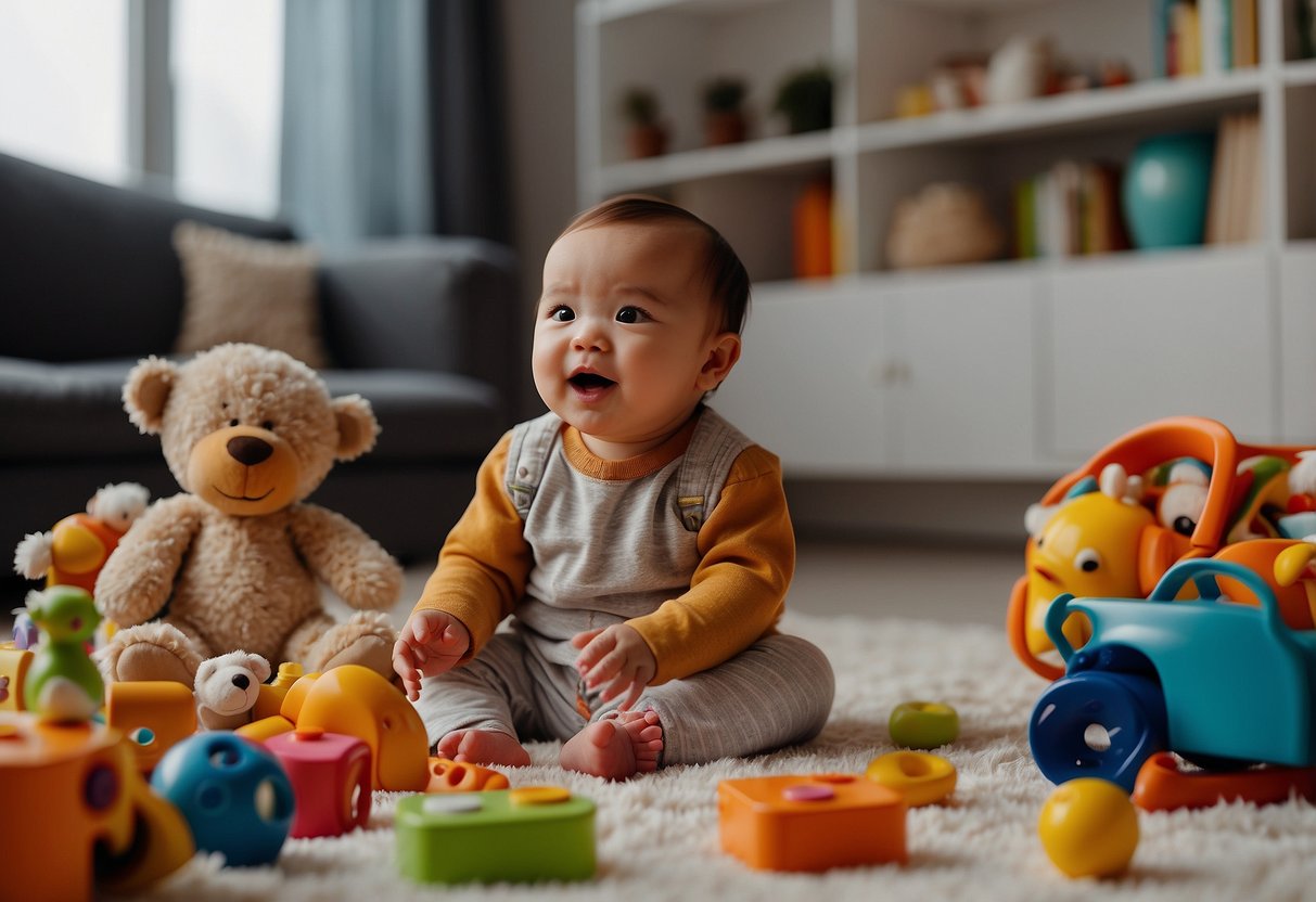 A baby surrounded by colorful toys, books, and musical instruments. A parent or caregiver singing and engaging with the baby using simple songs and gestures