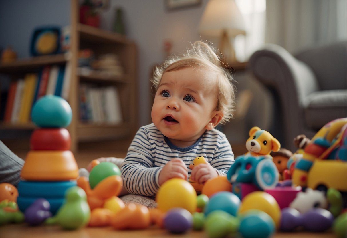 A baby surrounded by colorful toys and books, listening to music and animal sounds, while a caregiver engages in playful interactions to encourage speech development