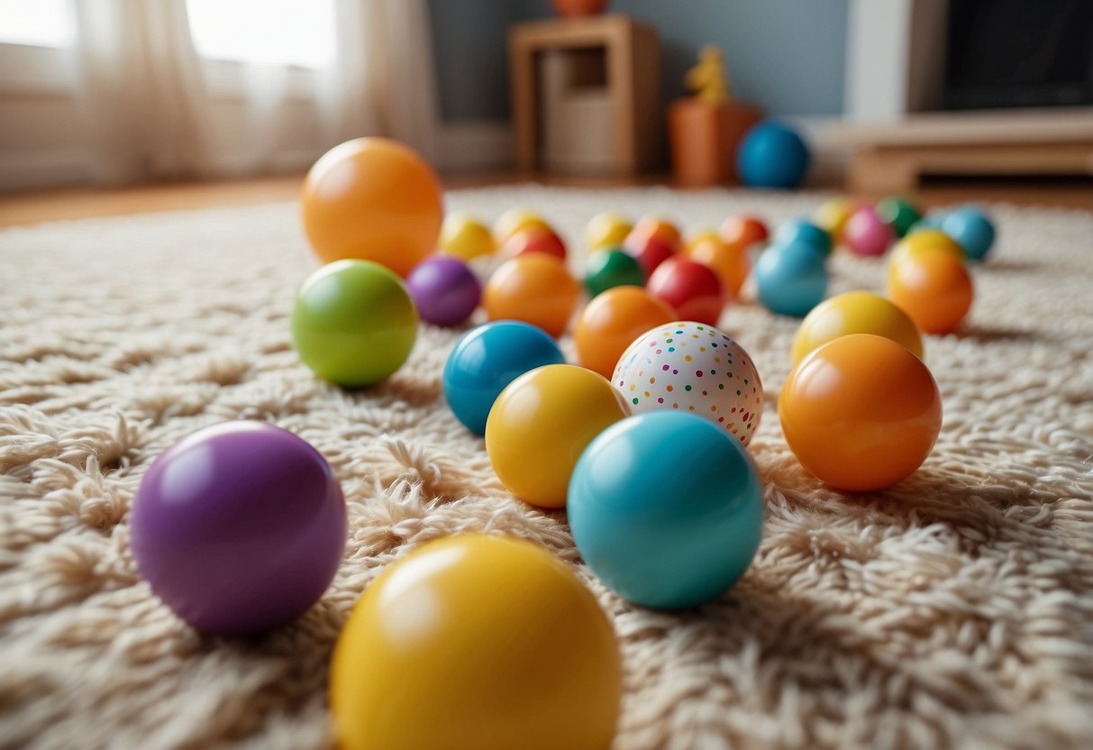 Colorful toys scattered on the floor, a baby book open with bright images, a cozy rug for tummy time, a variety of textured balls, and a busy activity table