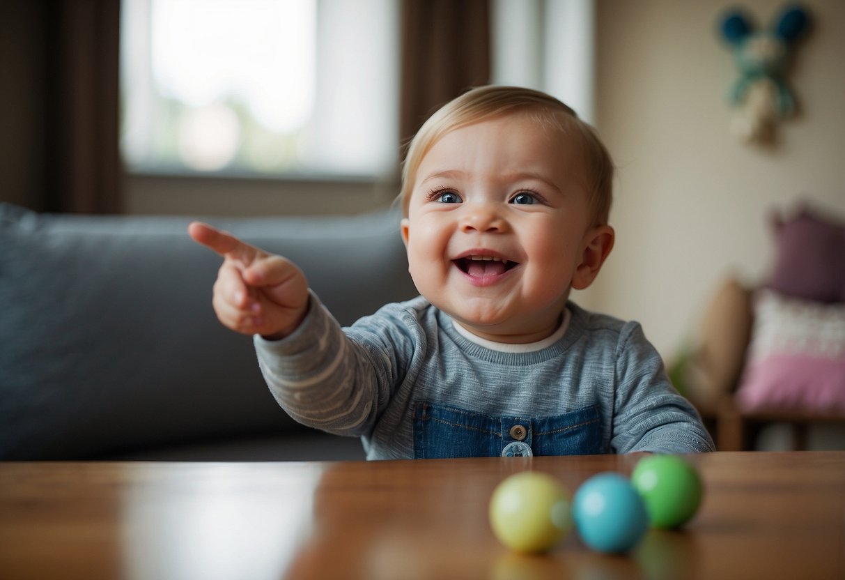 A baby pointing at objects, babbling, and imitating sounds, a toddler using single words, a child using two-word phrases, a preschooler speaking in full sentences, a school-aged child telling stories and having conversations