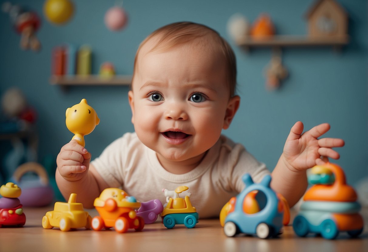 A baby playing with toys, babbling and making sounds, pointing at objects, responding to simple commands, and imitating sounds and gestures