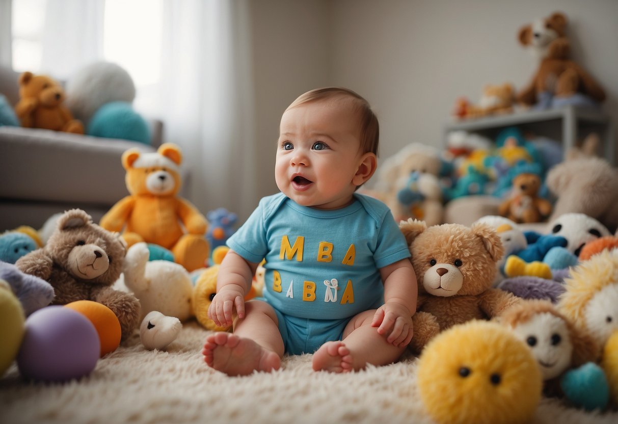 A baby sits surrounded by toys, babbling consonant sounds. A speech bubble with "mama" and "dada" floats above their head