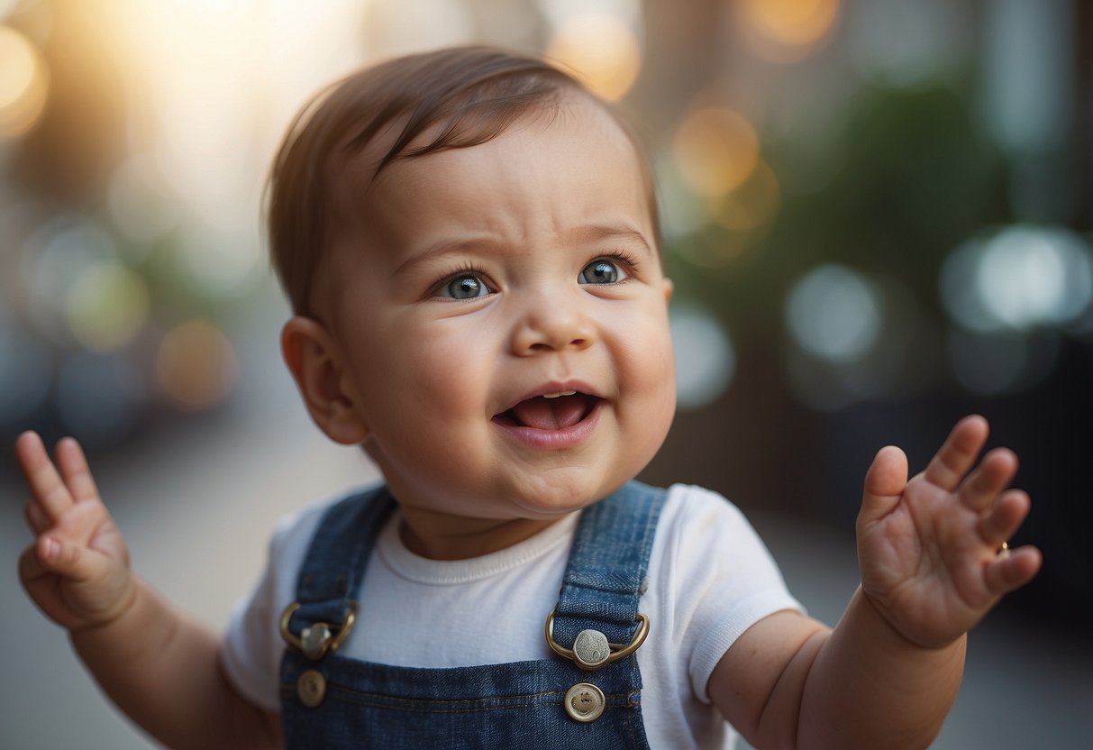 A baby points, claps, waves, nods, and shakes head, showing language development