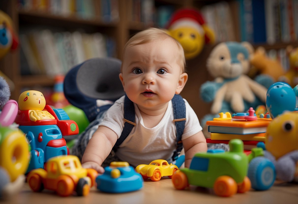 A baby looks directly at the viewer while surrounded by toys and books, pointing and babbling in response to a caregiver's words