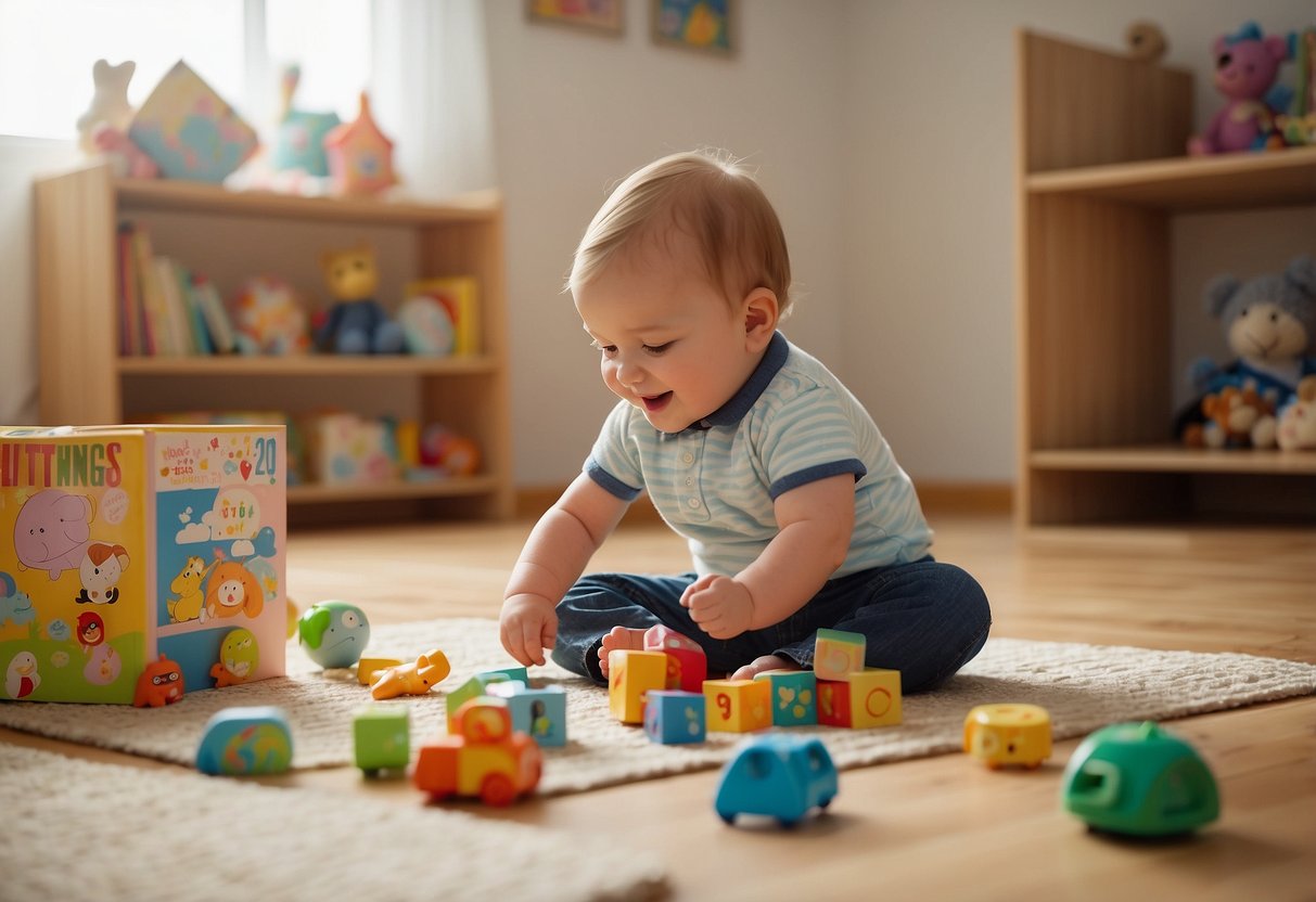 A baby's toys scattered on the floor, a bookshelf filled with children's books, a parent pointing at objects and speaking to the baby, a speech therapist observing the interaction, a chart tracking language milestones on the wall