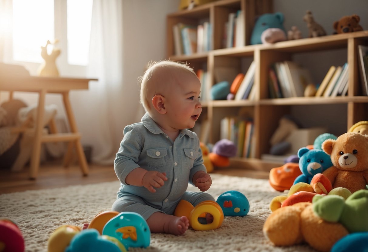 A baby surrounded by colorful toys and books, with a caregiver talking and singing to them. The room is filled with natural light and soft, soothing music playing in the background