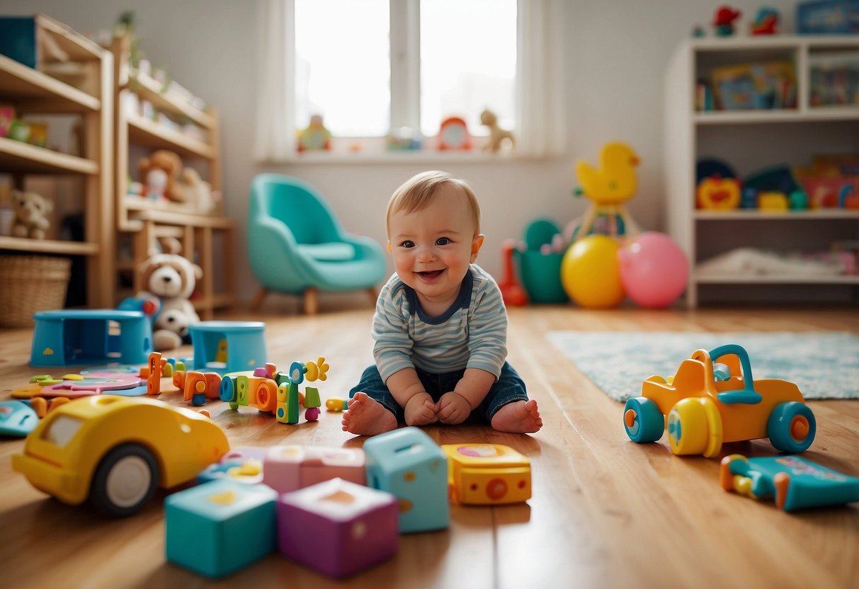 A colorful room with toys scattered on the floor. A parent sits on the floor, talking and gesturing to a smiling baby in a high chair. Books and flashcards are spread out on a nearby table