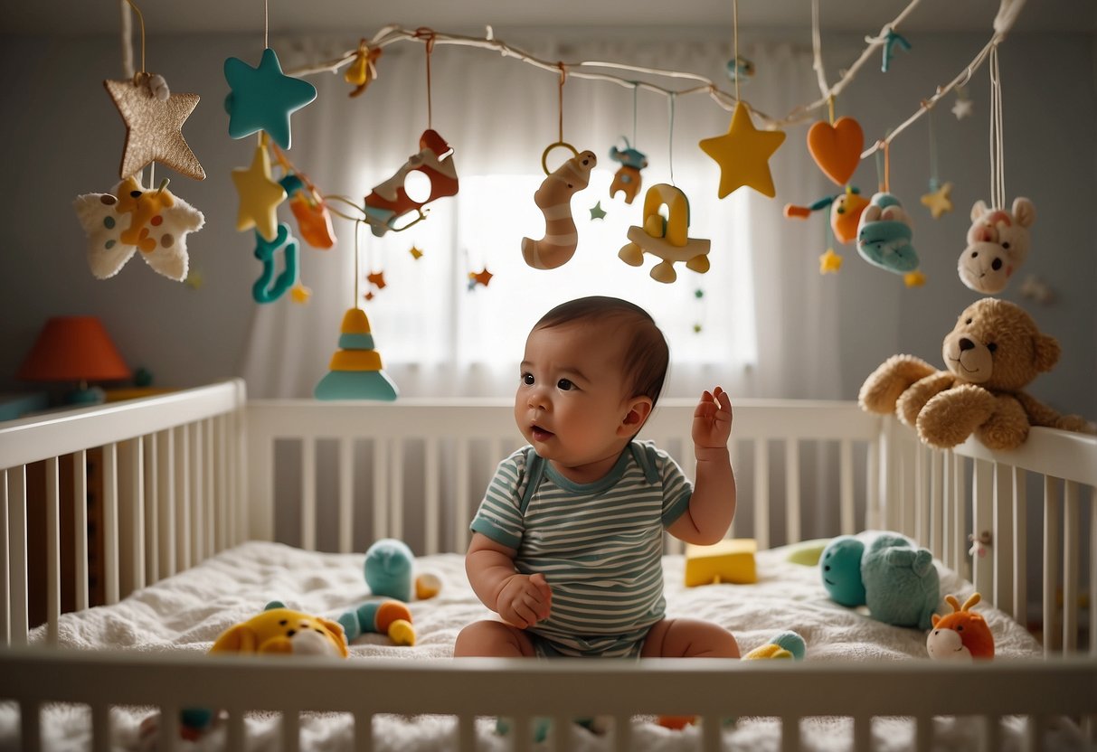 A baby surrounded by colorful toys and books. A parent talking and singing to the baby. A mobile with different shapes and patterns hanging above the baby's crib