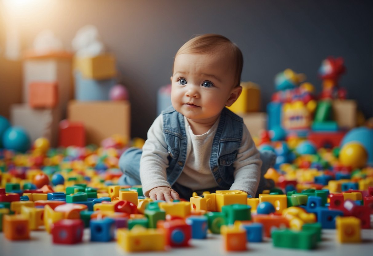 A baby surrounded by colorful word games and toys, with supportive adults nearby