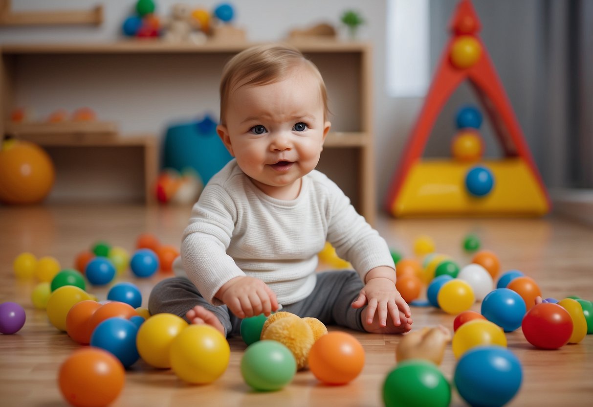 Infants surrounded by toys, babbling and gesturing. Caregiver engaging in interactive play, using simple words and prompts