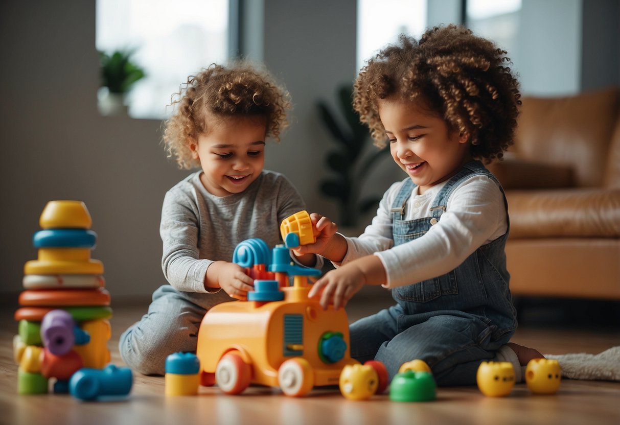 Children playing with toys, using simple words, and interacting with caregivers