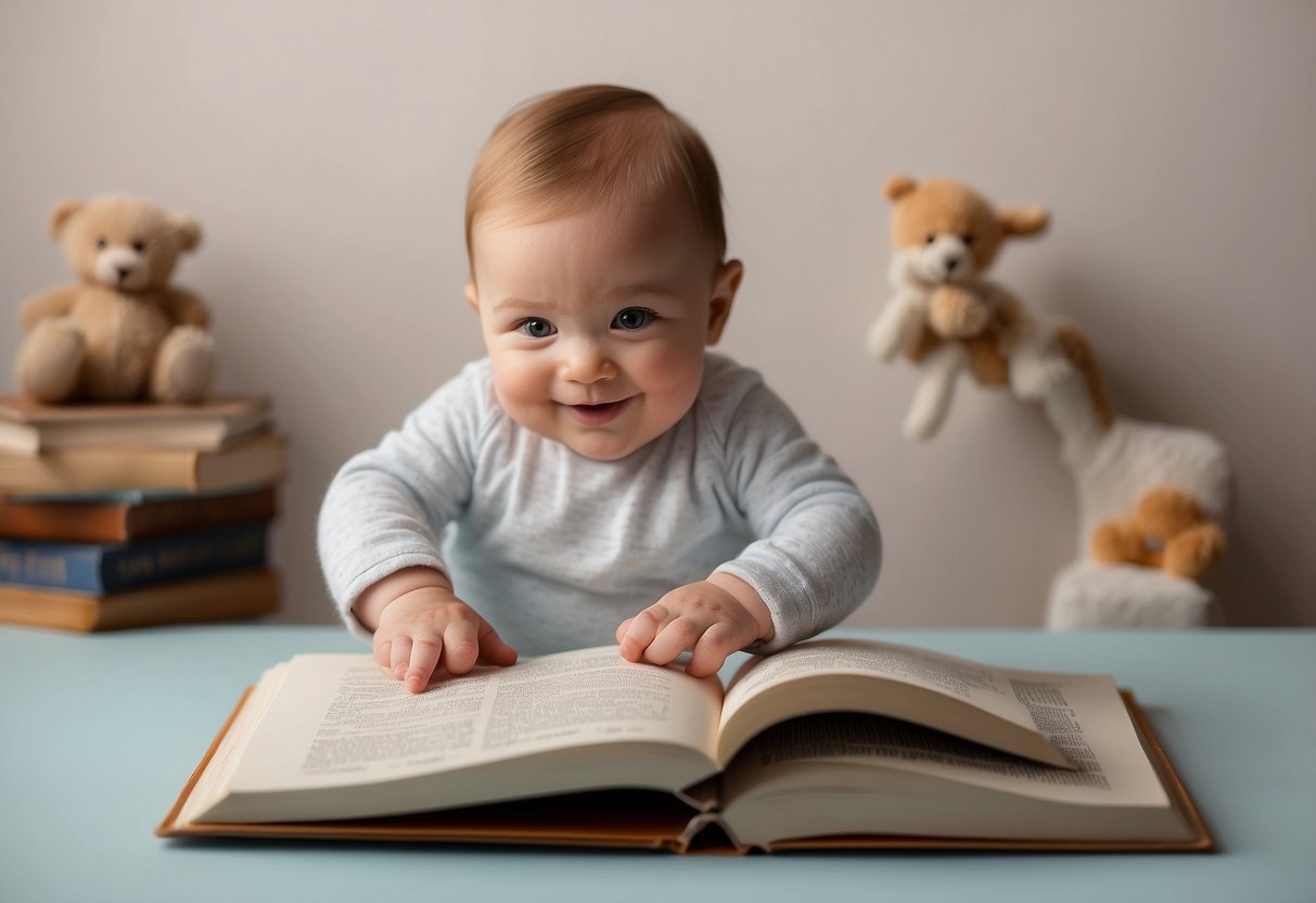 A baby book with 10 sign language symbols, a speech therapist, and a happy baby reaching for the book