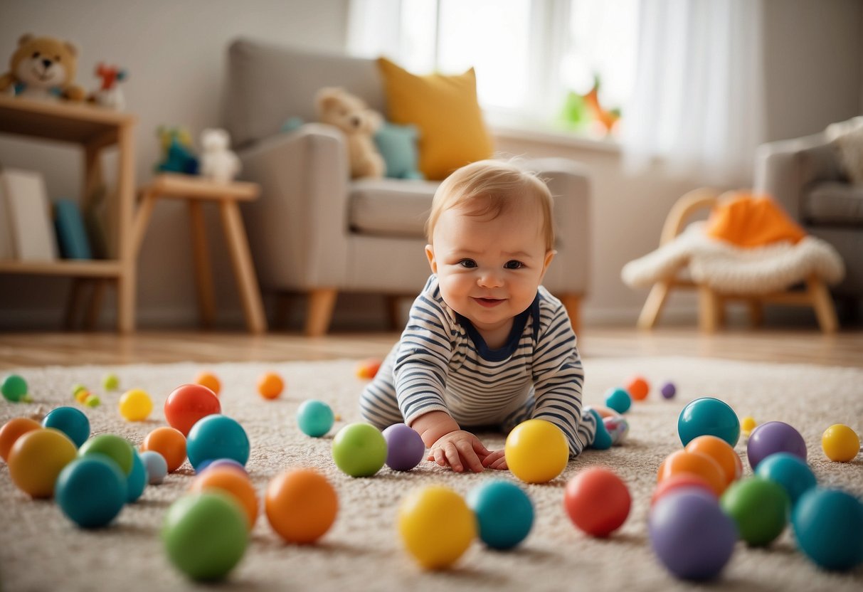 Colorful toys scattered on the floor, a baby reaching for a toy, a parent smiling and engaging in play, a speech therapist guiding the interaction