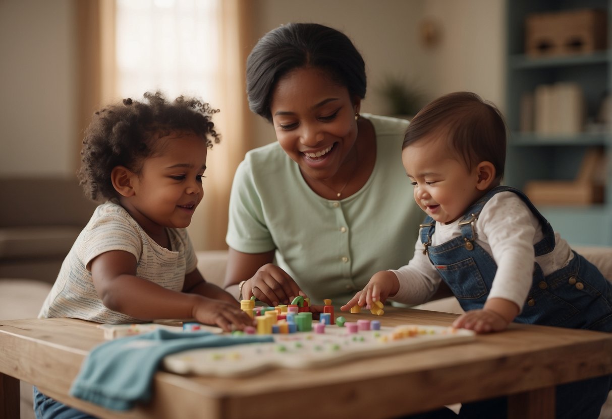 A group of infants engage in various activities while a caregiver uses simple language to help them overcome common language delays