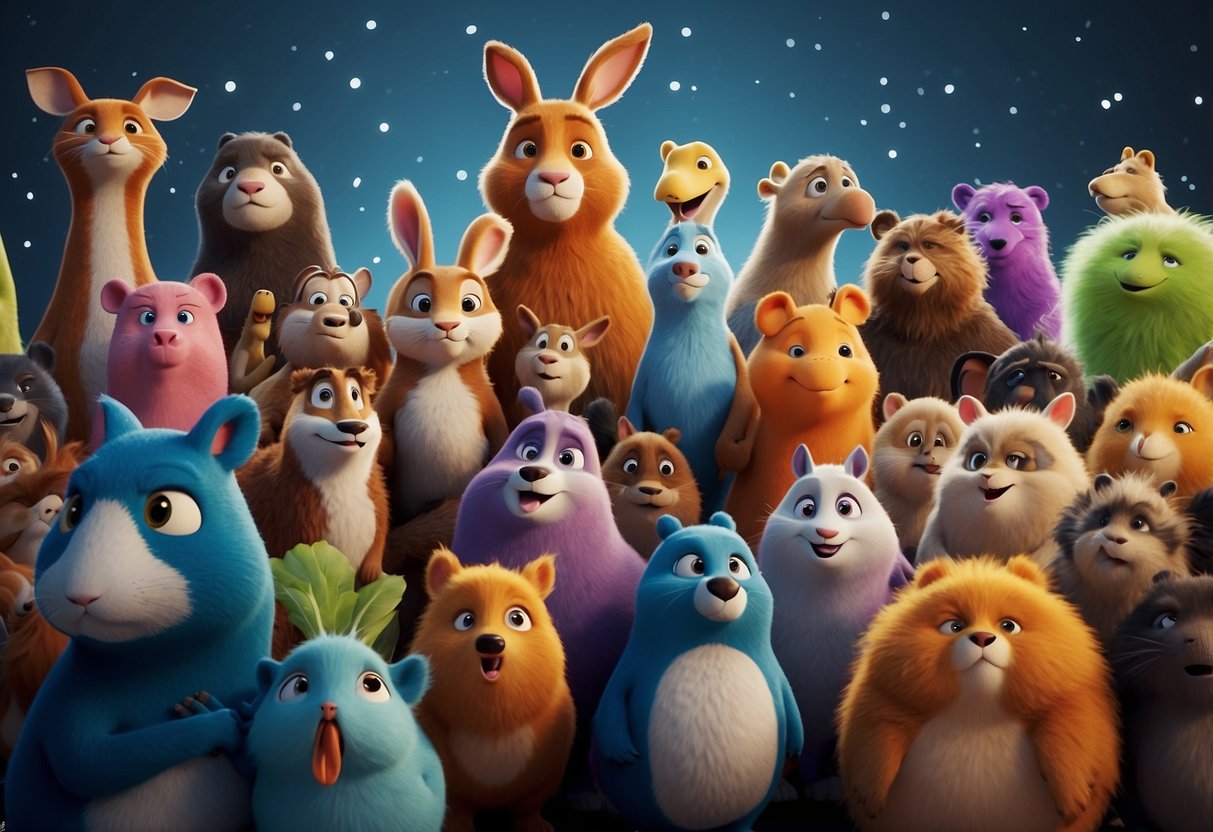 A group of colorful, animated animals sing and interact with each other while surrounded by speech bubbles with common language delays and their solutions