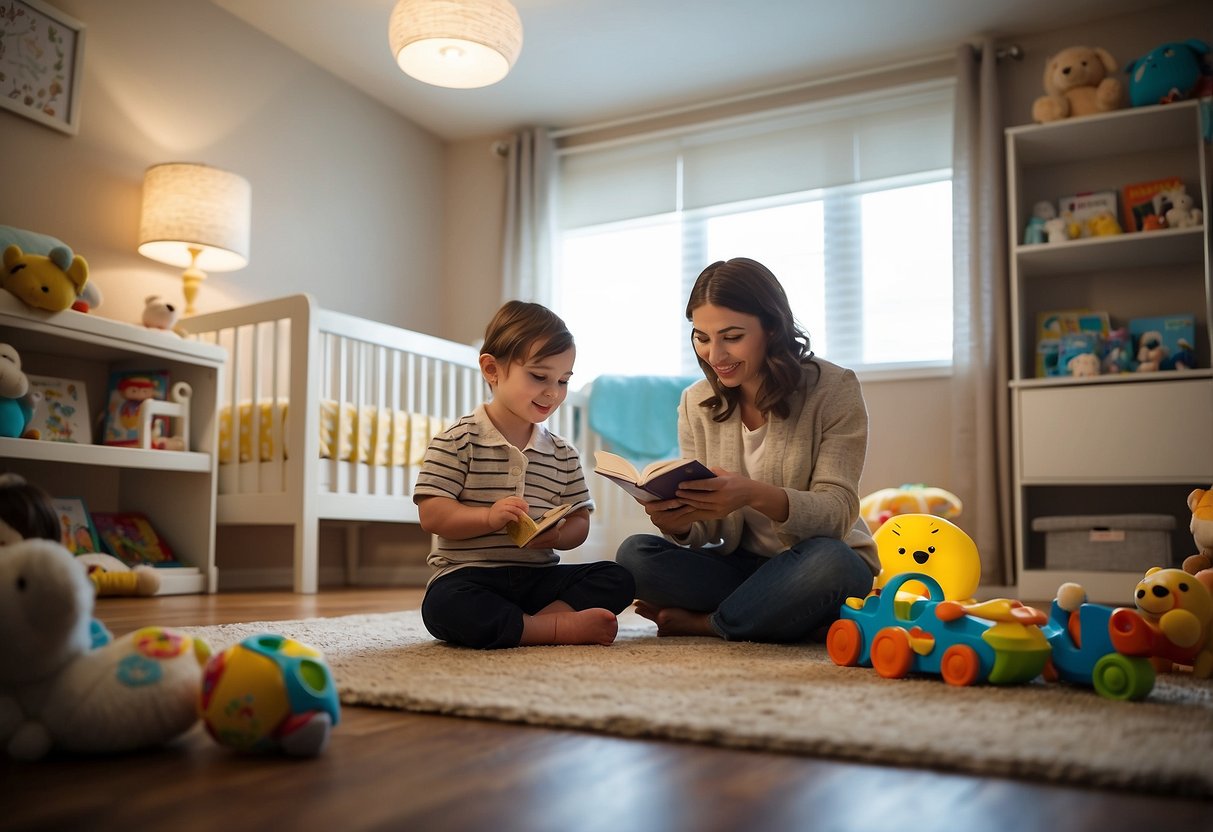 A baby's room with toys and books scattered around, a speech therapist sitting on the floor engaging with the infant, while the parents observe and take notes