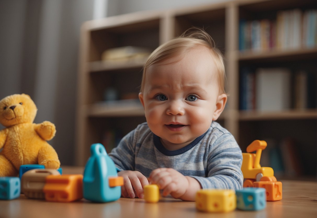 A baby's first words are delayed. A speech therapist uses toys and books to engage the infant in language-building activities