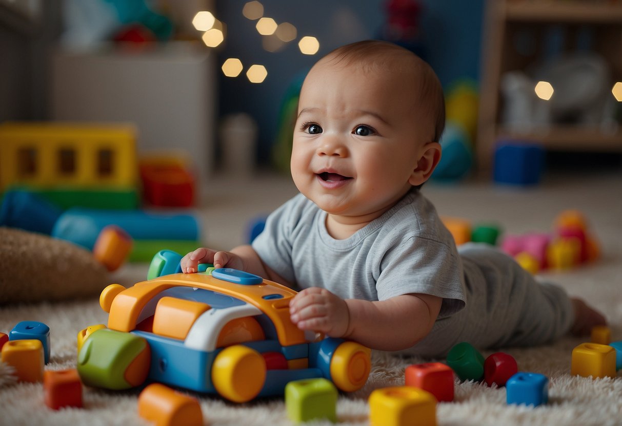 A baby surrounded by colorful toys, listening to music, babbling, and playing with interactive books and sensory objects. A caregiver engaging in conversation and using gestures to encourage communication