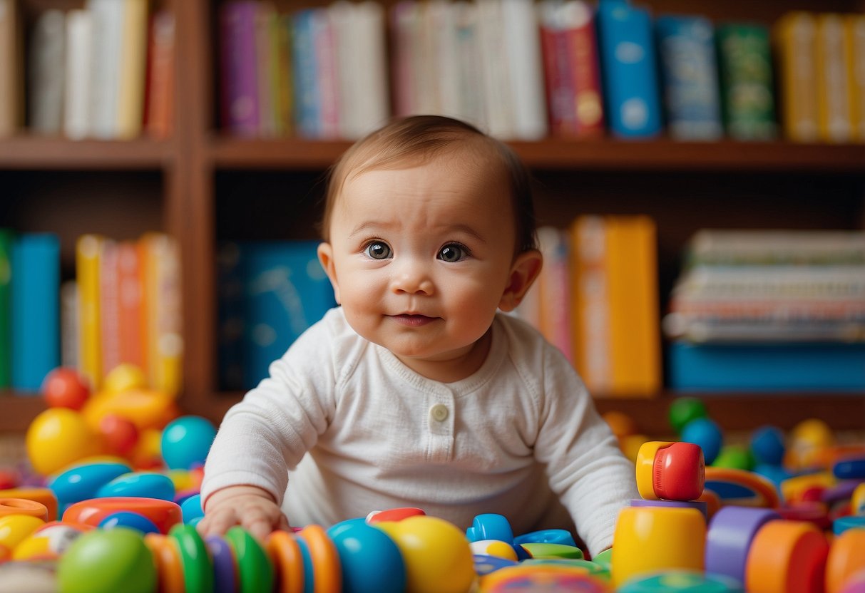 A baby surrounded by colorful books, toys, and interactive games, with a parent actively engaging in conversation and play to promote early language development