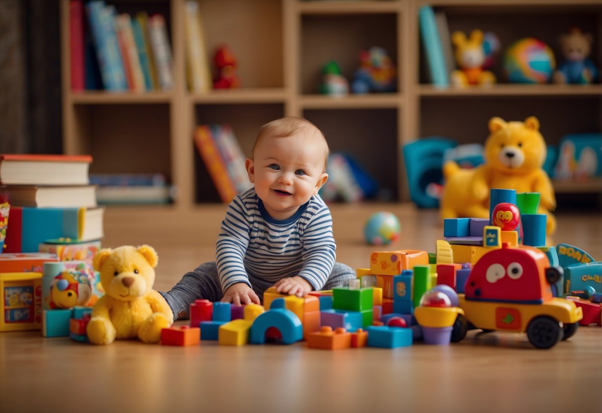 A colorful array of toys and books surround a smiling baby. A parent leans in, engaging in playful conversation, encouraging babbling and word repetition