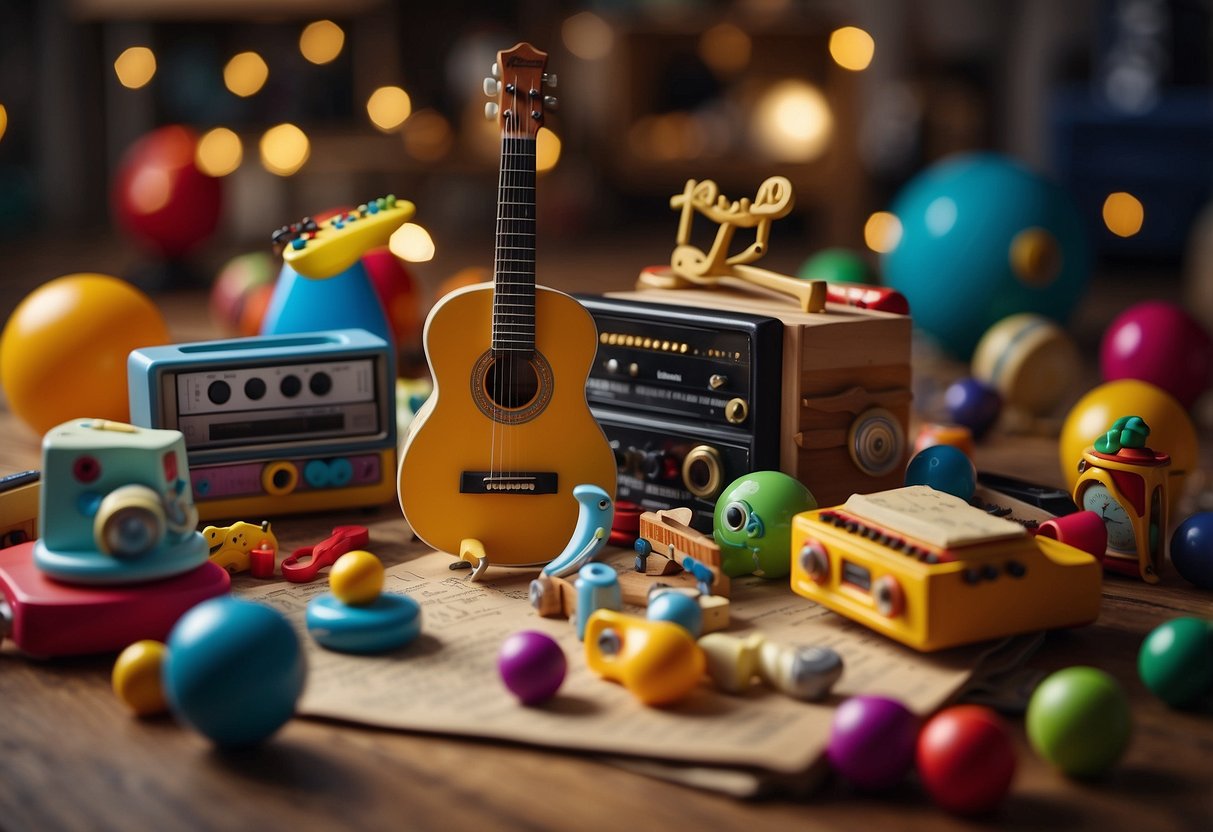 A group of colorful toys and musical instruments are scattered across the floor. A book with nursery rhymes is open, and colorful speech bubbles float above the toys, representing different sounds and words