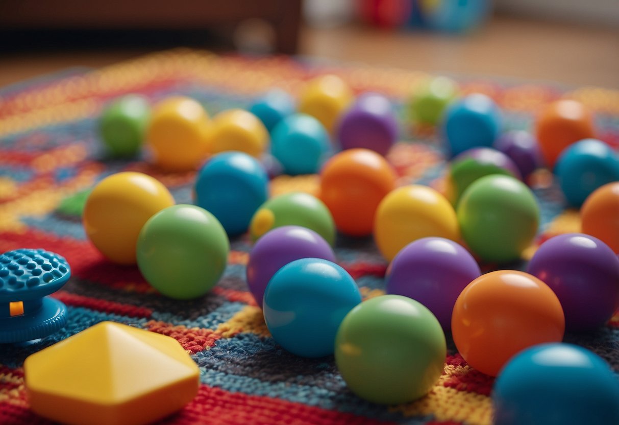 Colorful sound toys scattered on a soft, patterned rug. A baby's babbles and coos fill the air as they reach for the toys, exploring their textures and sounds