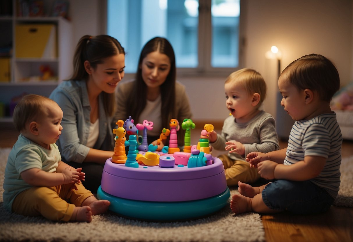 Colorful room with musical instruments and toys. Babies sitting in a circle, babbling and making sounds. Instructor leading activities. Parents watching and encouraging