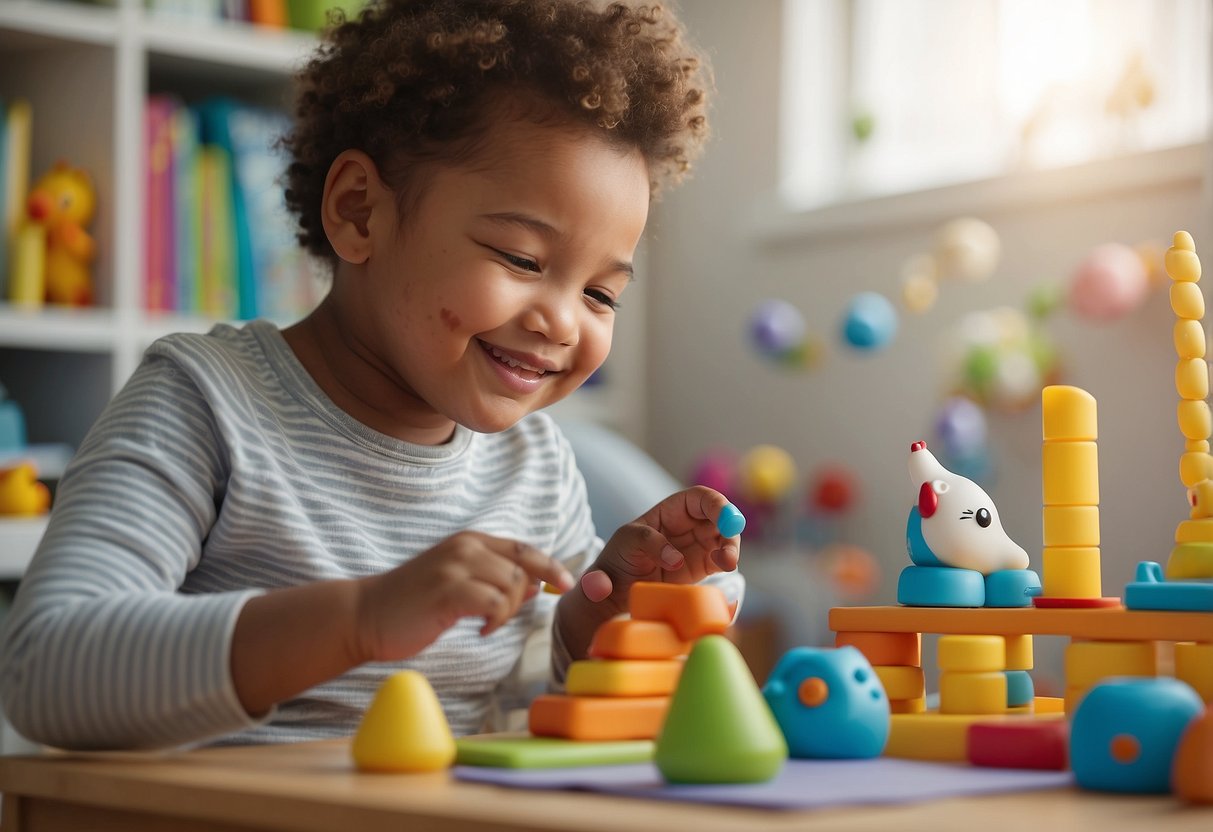 A baby's room with colorful toys and books. A parent or caregiver smiling and talking to the baby. A speech therapist pointing to a chart of speech milestones