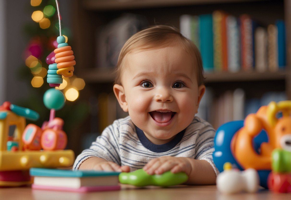 A baby's mouth forms various shapes while making sounds, surrounded by toys and books. A parent or caregiver watches and smiles, offering encouragement