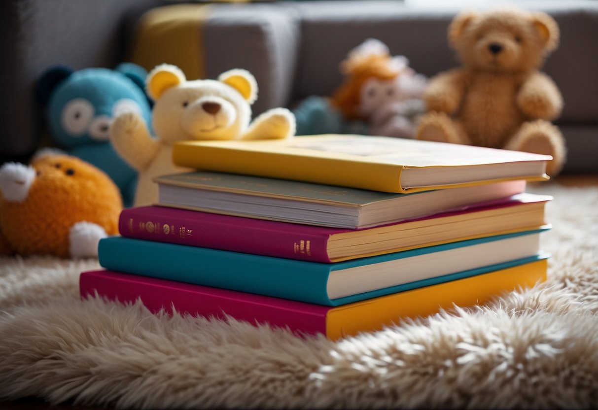 Colorful books scattered on a soft rug, surrounded by plush toys. A baby reaches out to touch the vibrant pages, engaging with each interactive feature