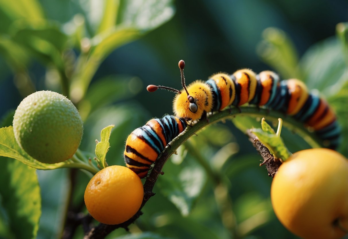 A colorful caterpillar munches through various fruits, transforming into a beautiful butterfly