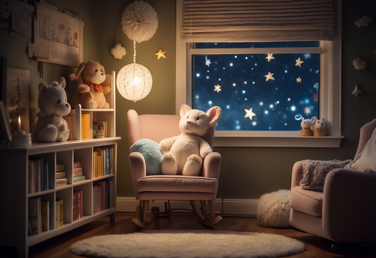 A cozy nursery with a soft, glowing moon hanging in the sky outside the window. A shelf filled with colorful books and a plush bunny sitting on a rocking chair