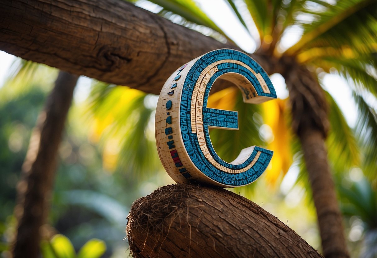 The letters of the alphabet climb up a coconut tree, causing it to bend and sway. A chaotic and colorful scene unfolds as the letters try to fit on the tree