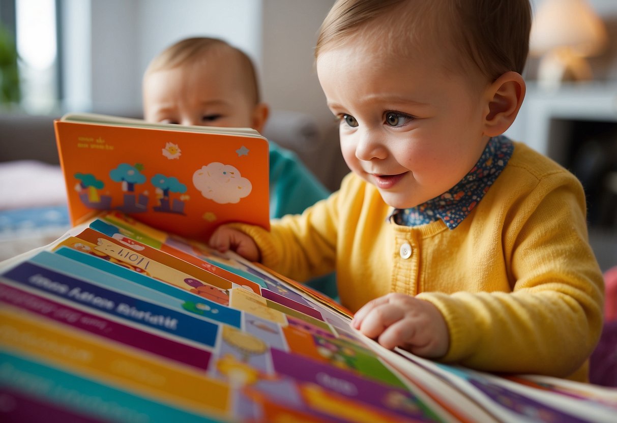 Brightly colored interactive books lay open, with pull tabs and flaps, engaging babies in language development through tactile exploration