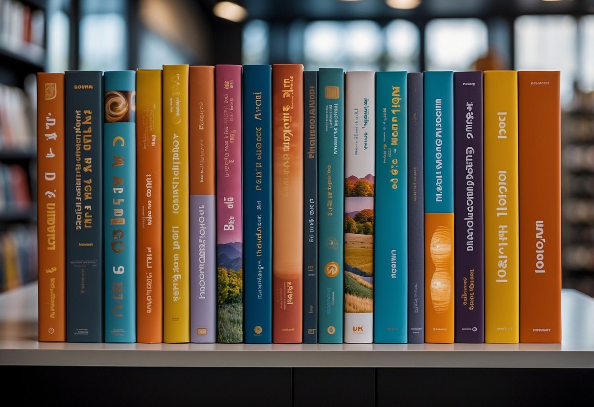 A colorful display of interactive books with sensory textures and sound features, arranged on a shelf with clear labels for different age groups