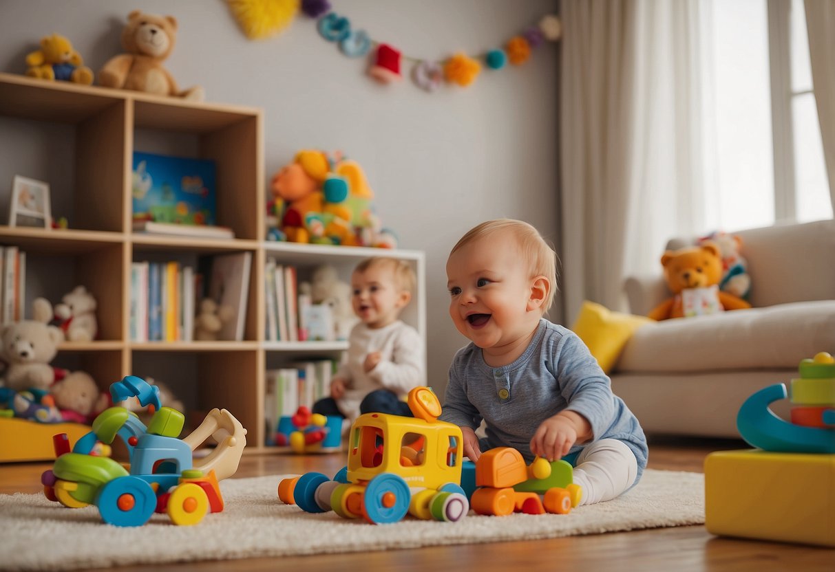 A colorful room with toys and books scattered around. A baby sits in a high chair while an adult talks and gestures animatedly