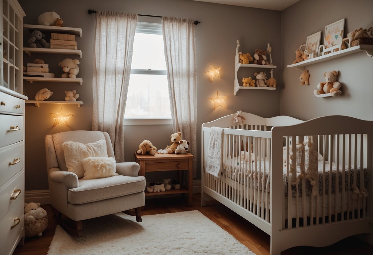 A cozy nursery with soft lighting, a rocking chair, and a crib. A bookshelf filled with children's books and a mobile hanging above the crib