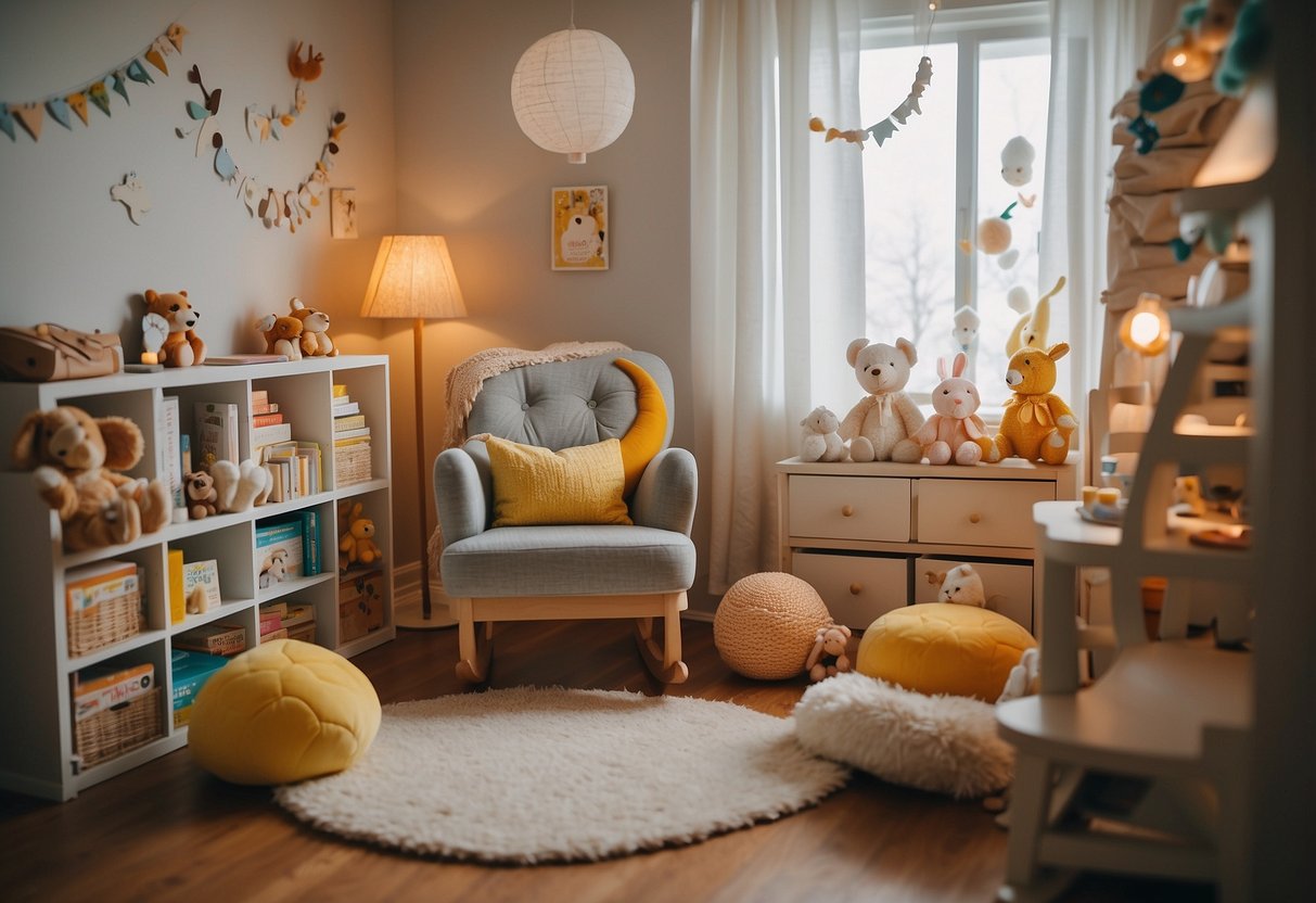 A baby's room with colorful books, toys, and a cozy rocking chair for reading. A smiling sun and moon adorn the walls, surrounded by playful animals and letters