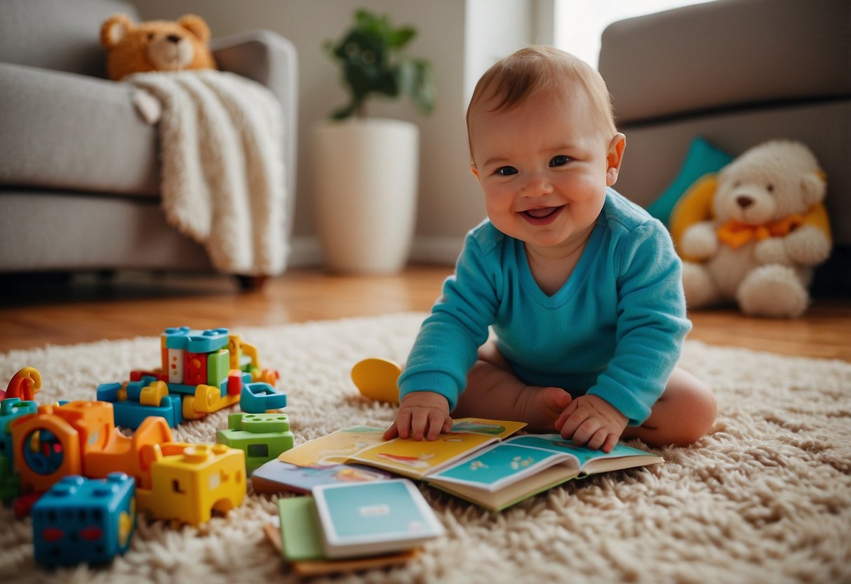 Colorful toys, books, and flashcards scattered on a cozy rug. A smiling parent pointing to objects and talking to a happy baby