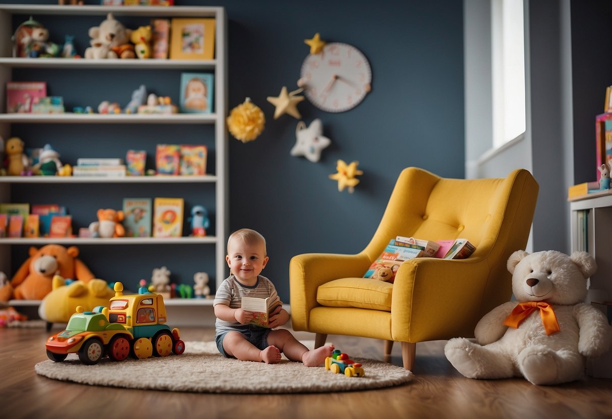 A colorful room with toys scattered on the floor, a bookshelf filled with children's books, and a cozy chair where a parent is reading to a smiling baby